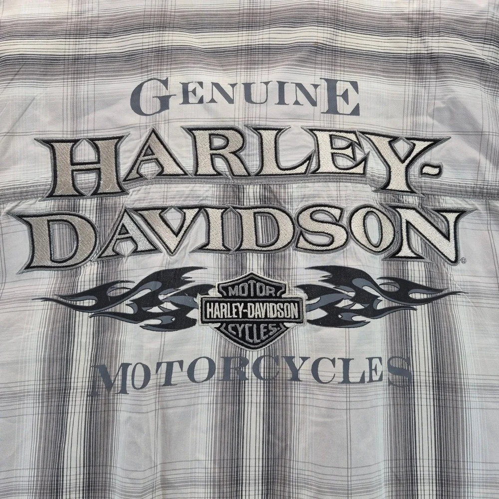 Harley Davidson Button Down Shirt Embroidered Plaid 3XL Gray Mens